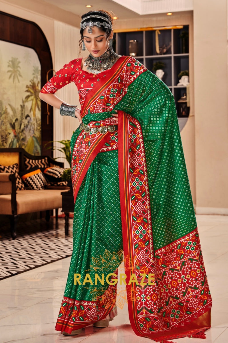 Enchanting Green and Red Patola Print Tusser Silk Saree