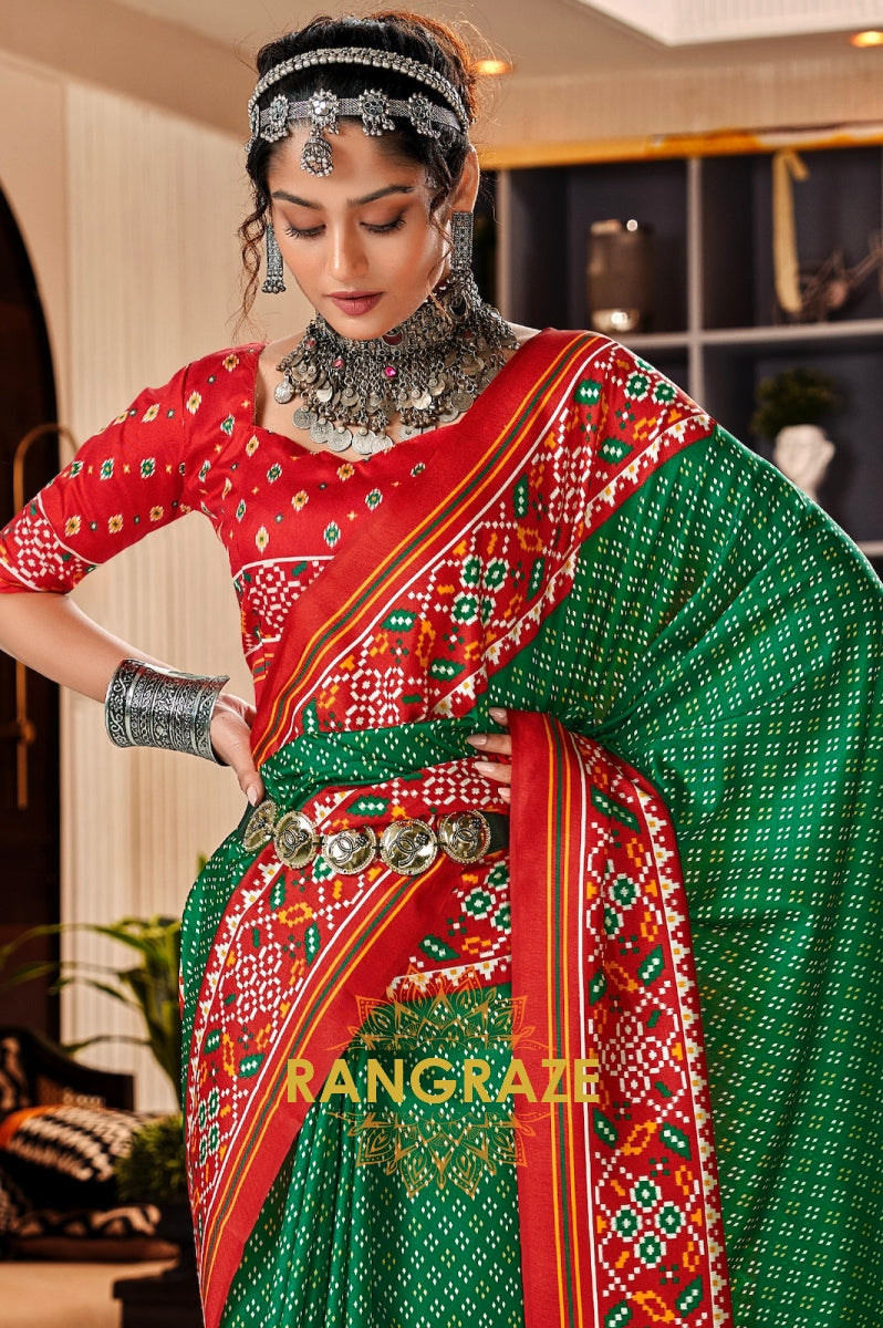 Enchanting Green and Red Patola Print Tusser Silk Saree