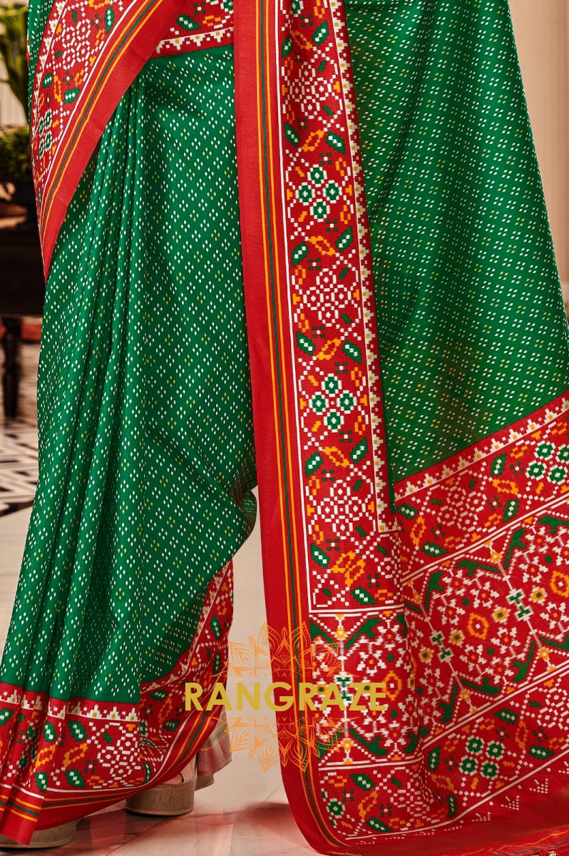 Enchanting Green and Red Patola Print Tusser Silk Saree