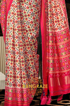 Pearl White and Pink Patola Print Tusser Silk Saree
