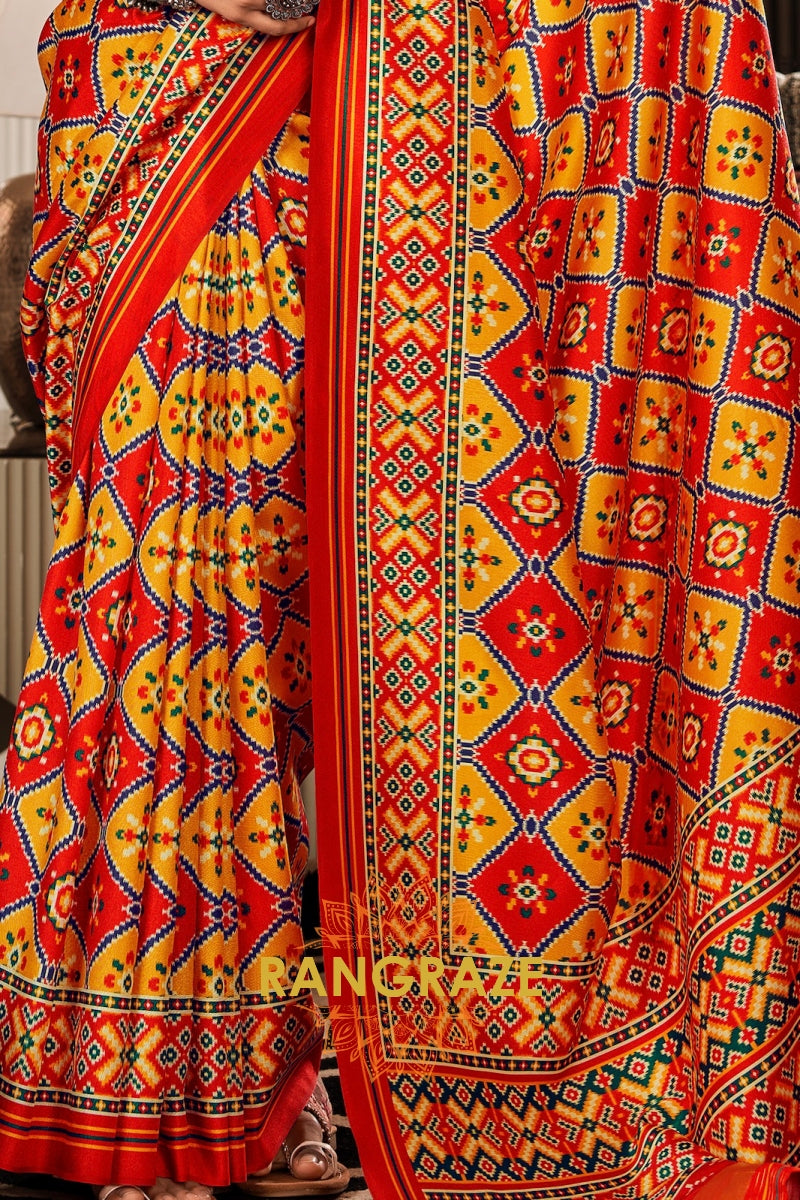 Red and Yellow Patola Print Tusser Silk Saree