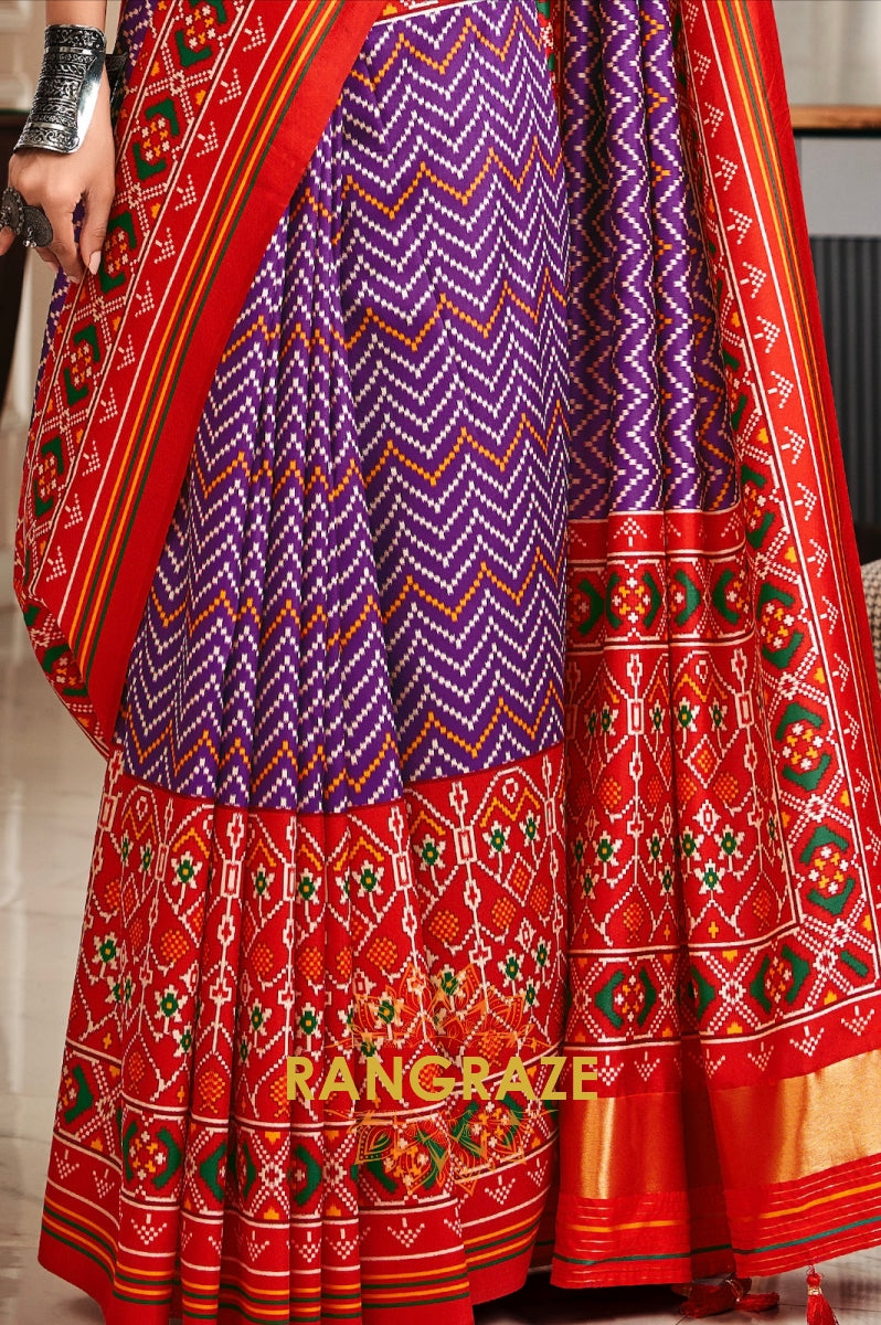 Classy Red and Purple Patola Print Tusser Silk Saree