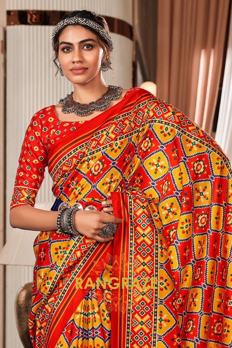 Red and Yellow Patola Print Tusser Silk Saree
