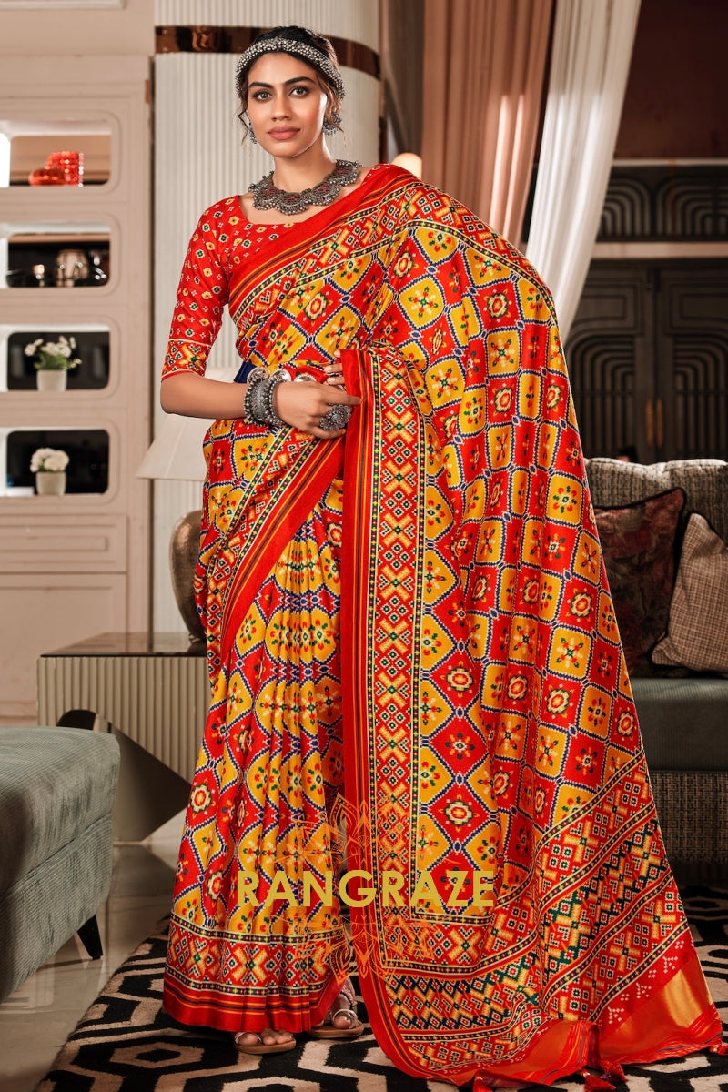 Red and Yellow Patola Print Tusser Silk Saree