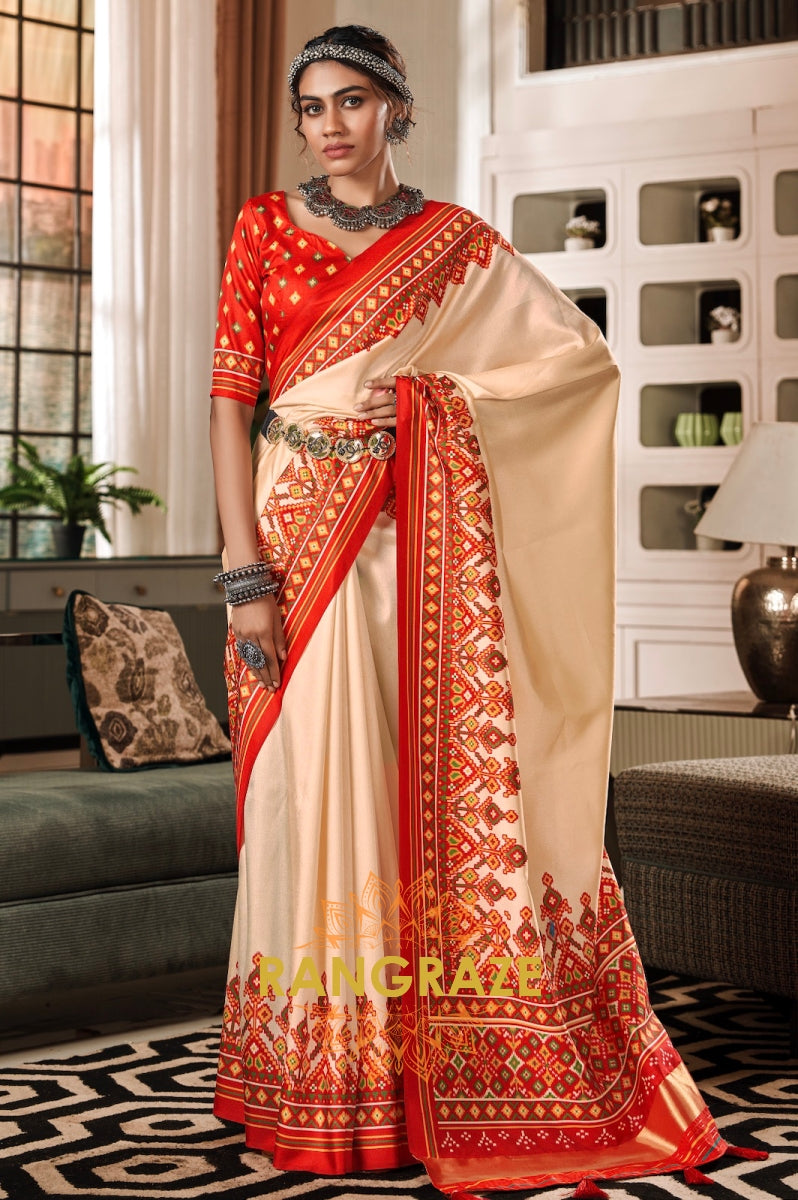 Cream and Red Patola Print Tusser Silk Saree