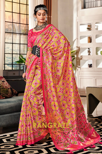 Radiant Pink and Yellow Patola Print Tusser Silk Saree