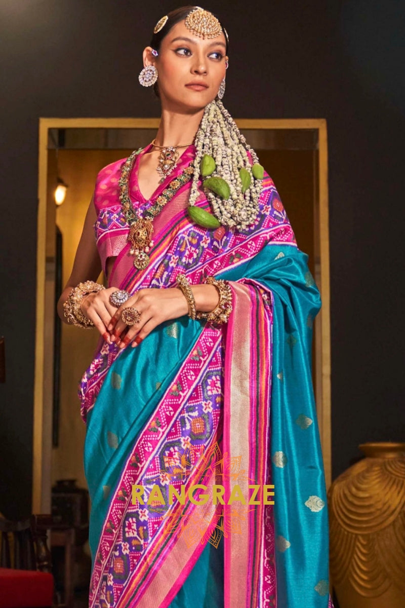Turquoise and Pink Patola Bliss: Silk Patola Saree