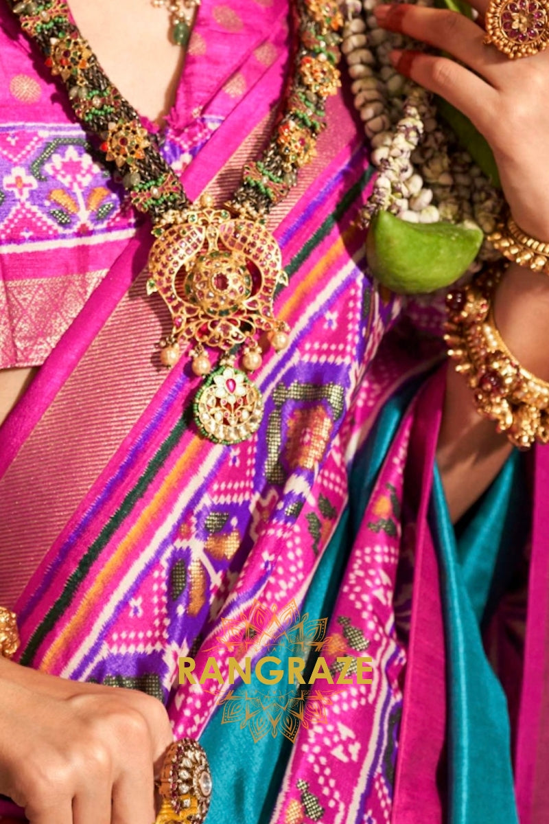 Turquoise and Pink Patola Bliss: Silk Patola Saree
