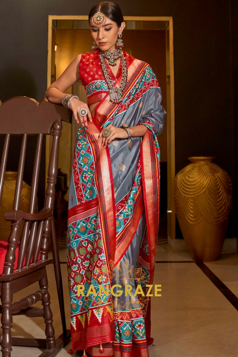 Regal Grey and Red Patola Symphony: Silk Patola Saree