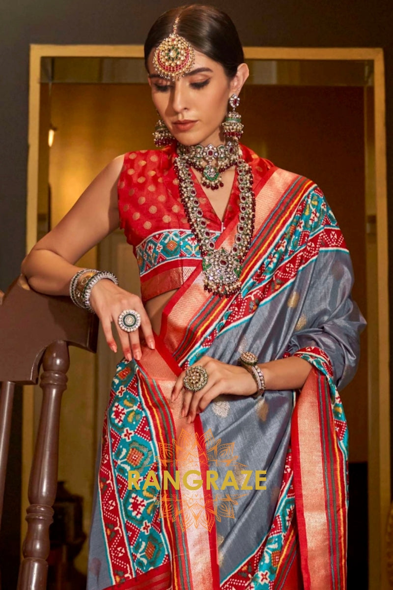 Regal Grey and Red Patola Symphony: Silk Patola Saree