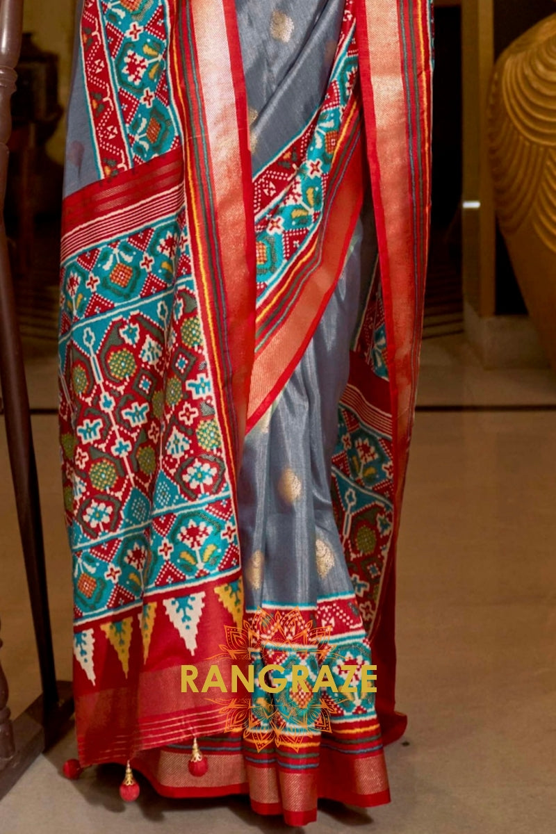 Regal Grey and Red Patola Symphony: Silk Patola Saree