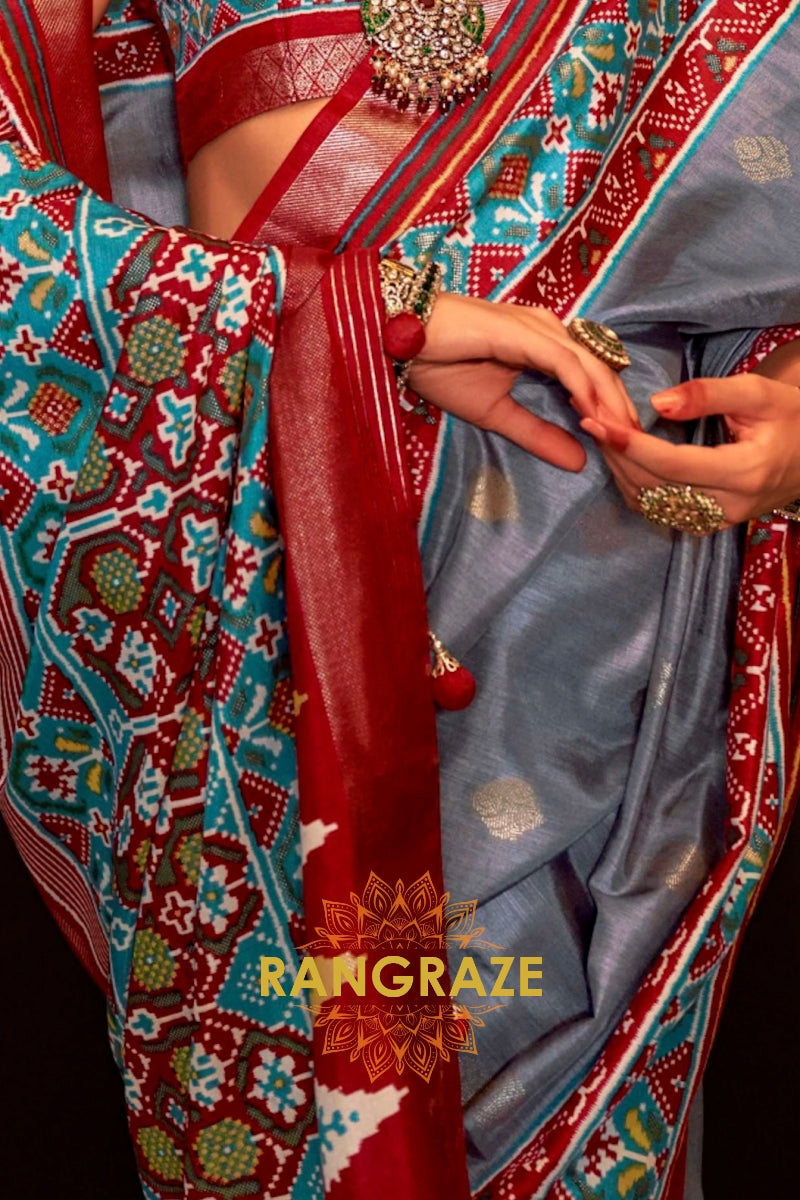 Regal Grey and Red Patola Symphony: Silk Patola Saree