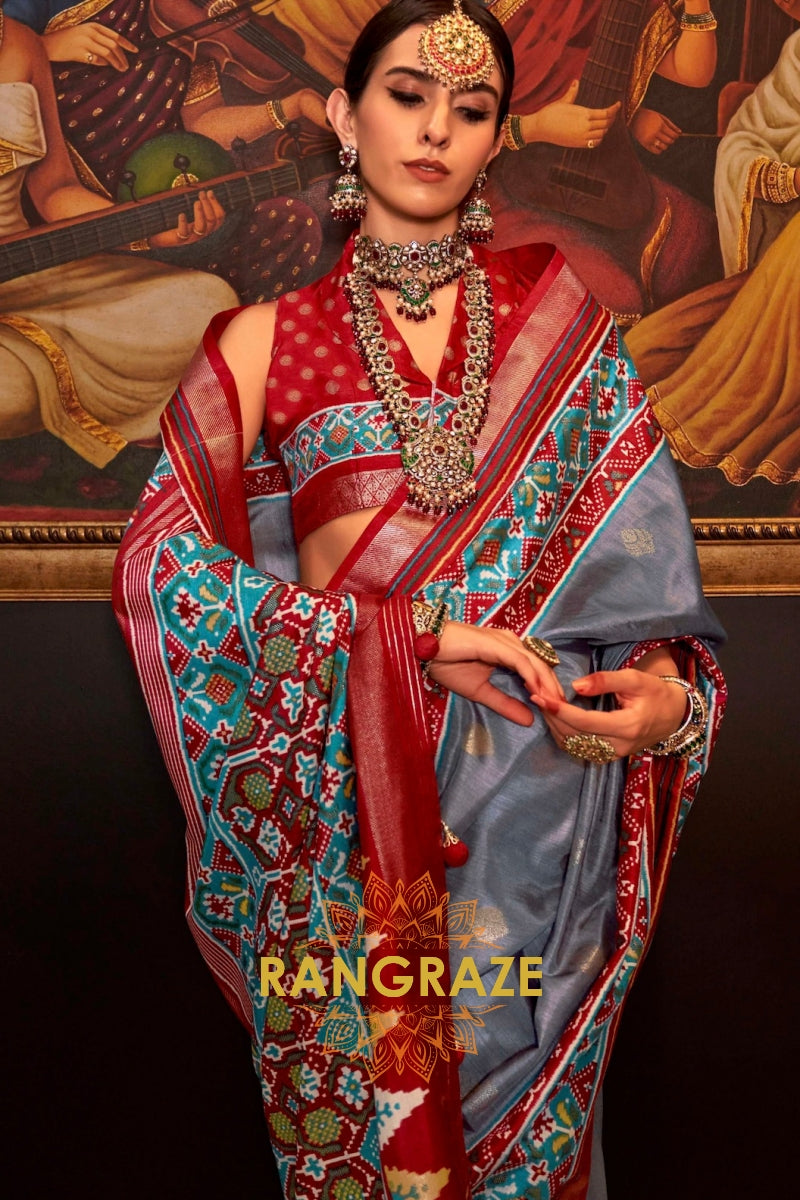 Regal Grey and Red Patola Symphony: Silk Patola Saree