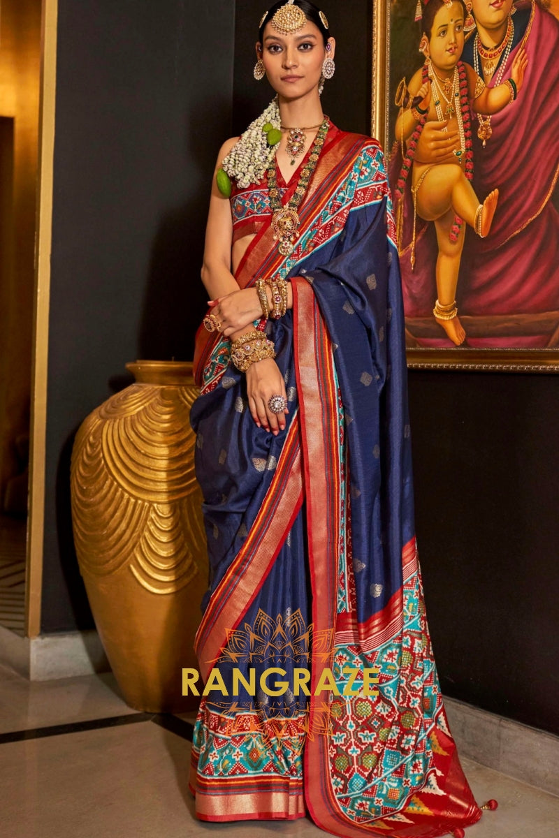 Midnight Blue and Red Patola Majesty: Silk Patola Saree