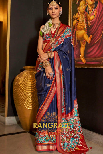 Midnight Blue and Red Patola Majesty: Silk Patola Saree
