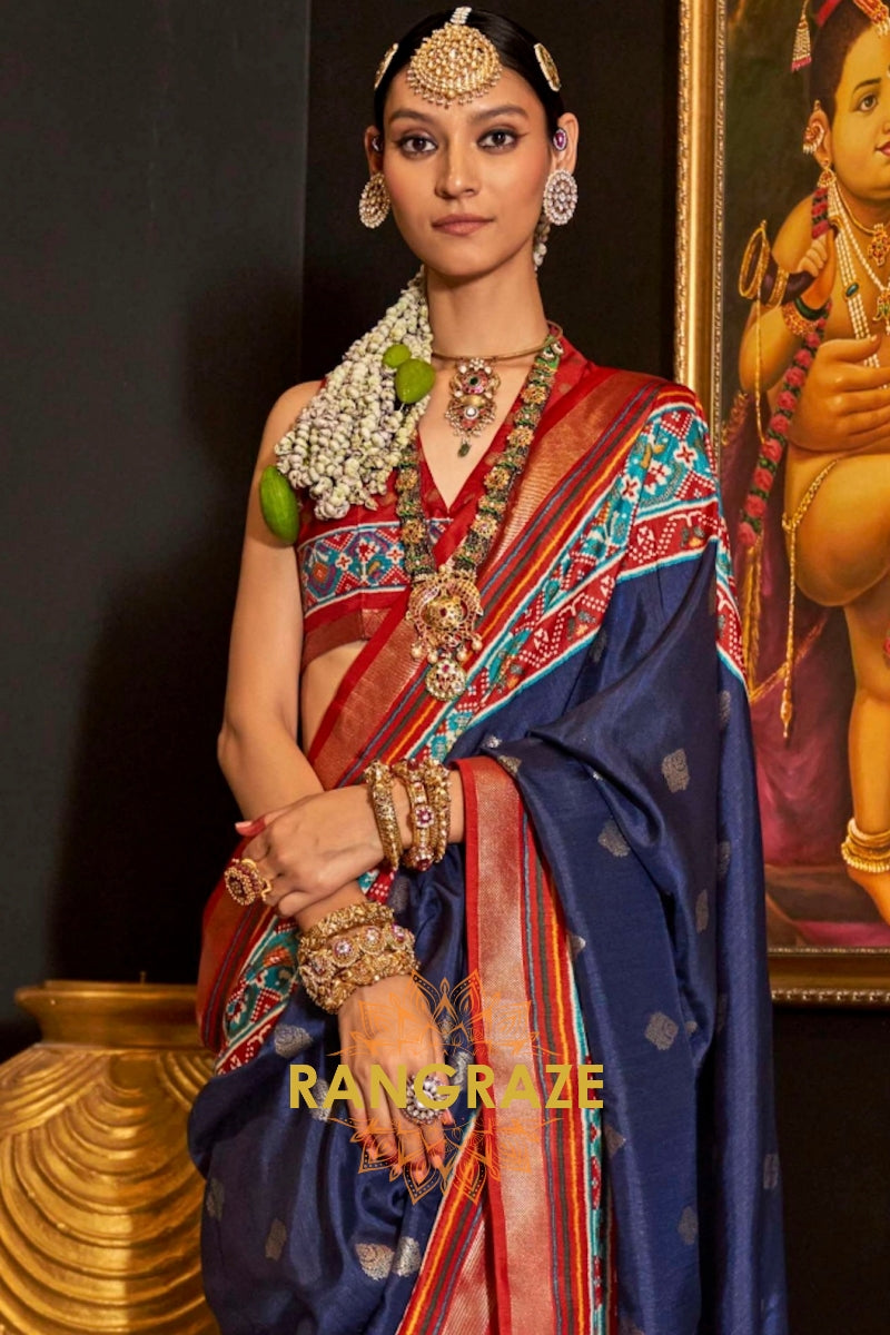 Midnight Blue and Red Patola Majesty: Silk Patola Saree