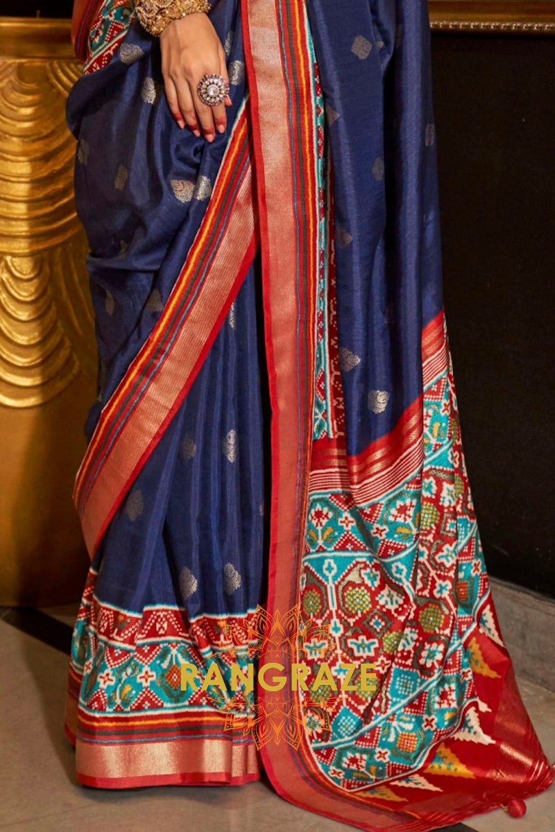 Midnight Blue and Red Patola Majesty: Silk Patola Saree