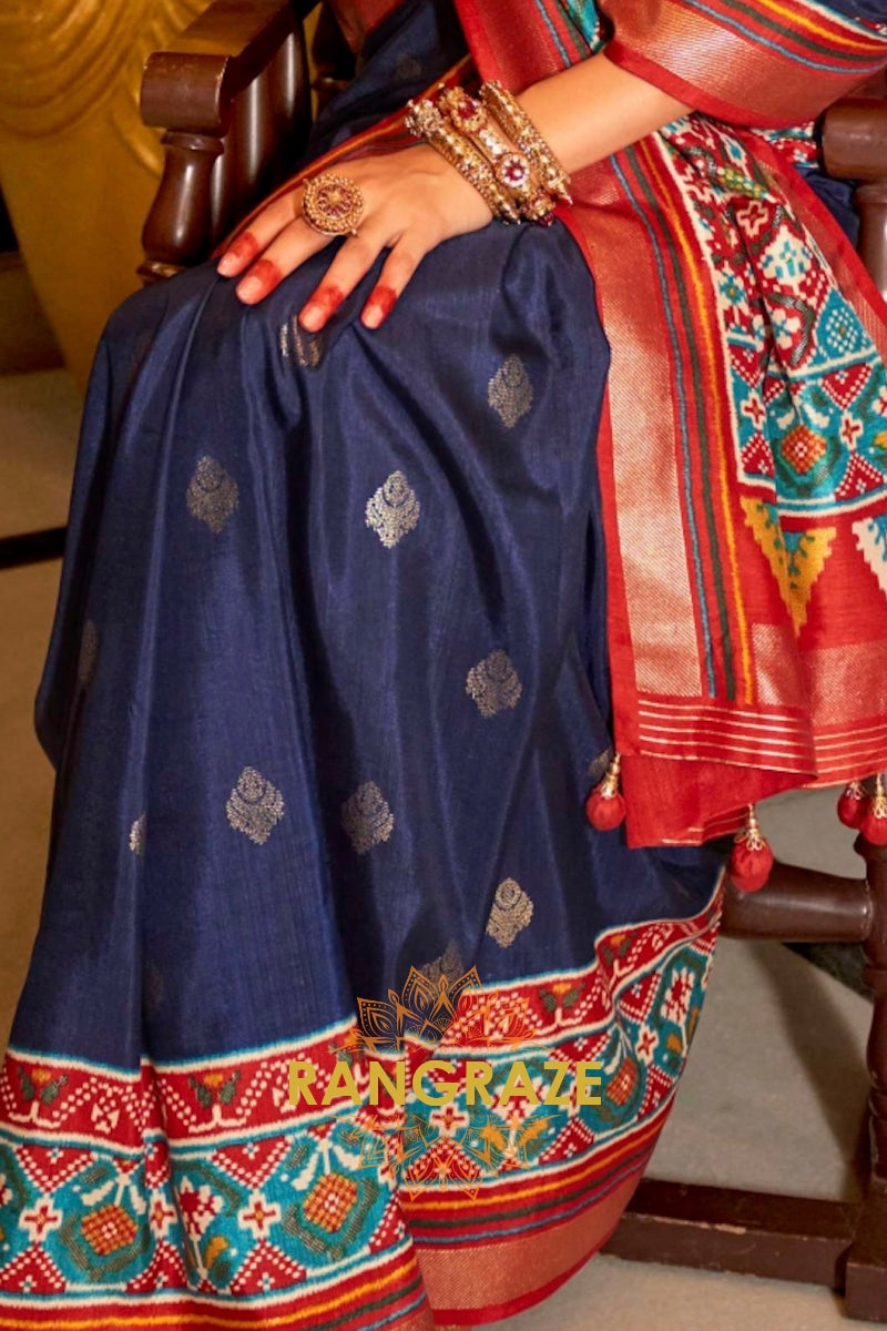 Midnight Blue and Red Patola Majesty: Silk Patola Saree