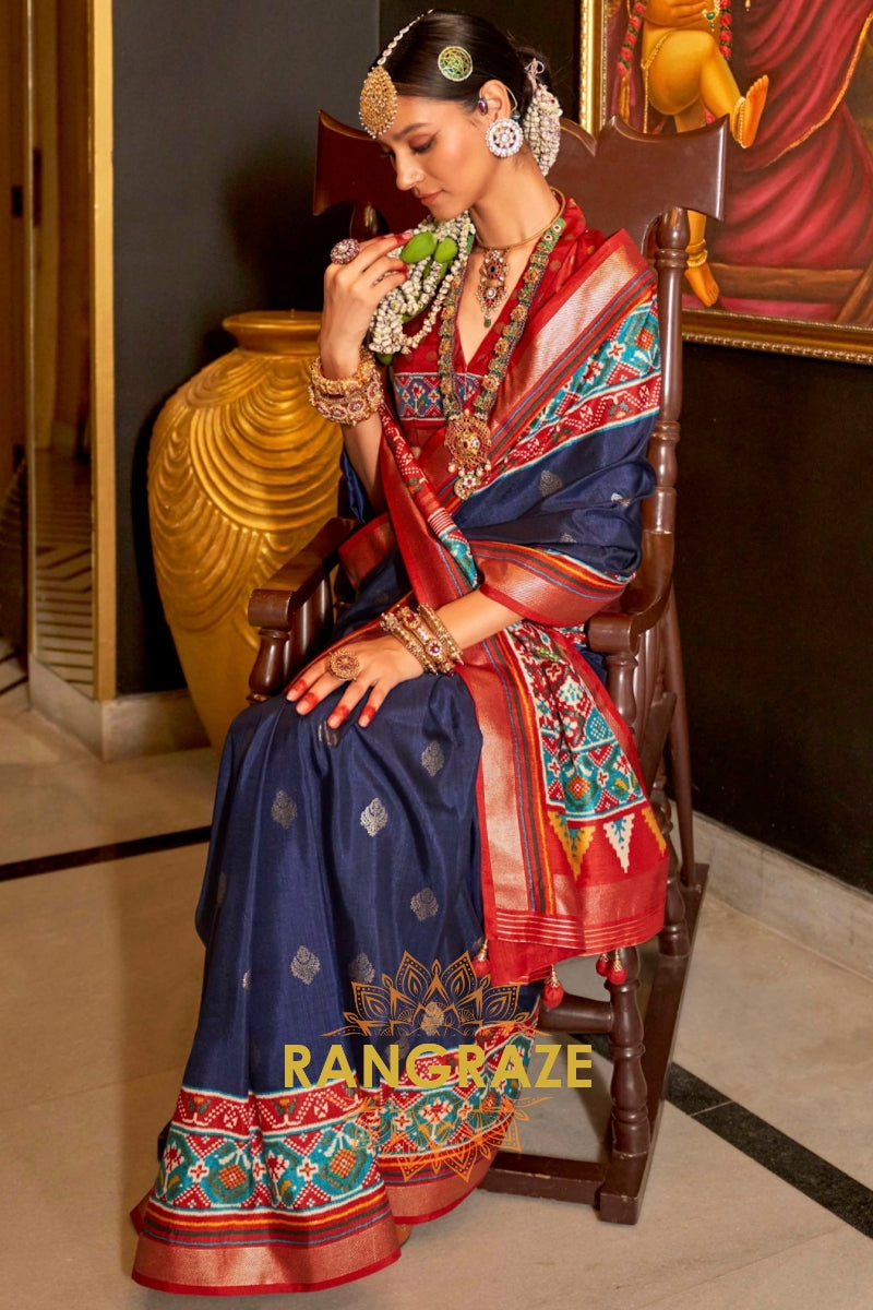 Midnight Blue and Red Patola Majesty: Silk Patola Saree