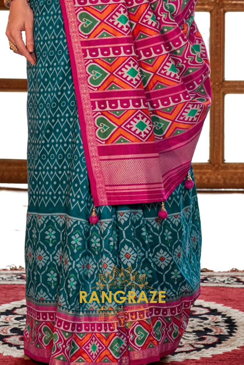 Teal Blue and Fuchsia Patola Silk Saree with Heart Motifs