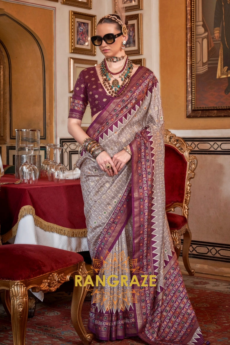 Regal Lavender Patola Silk Saree with Plum Weaving Border