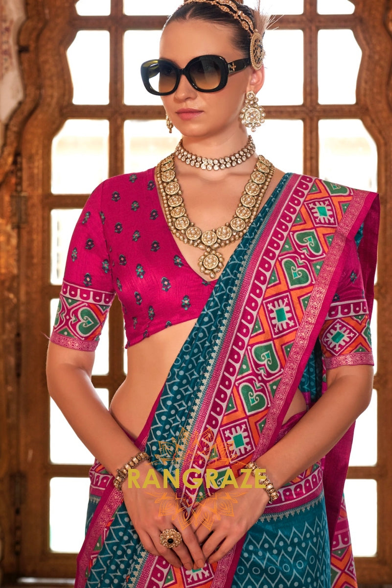 Teal Blue and Fuchsia Patola Silk Saree with Heart Motifs
