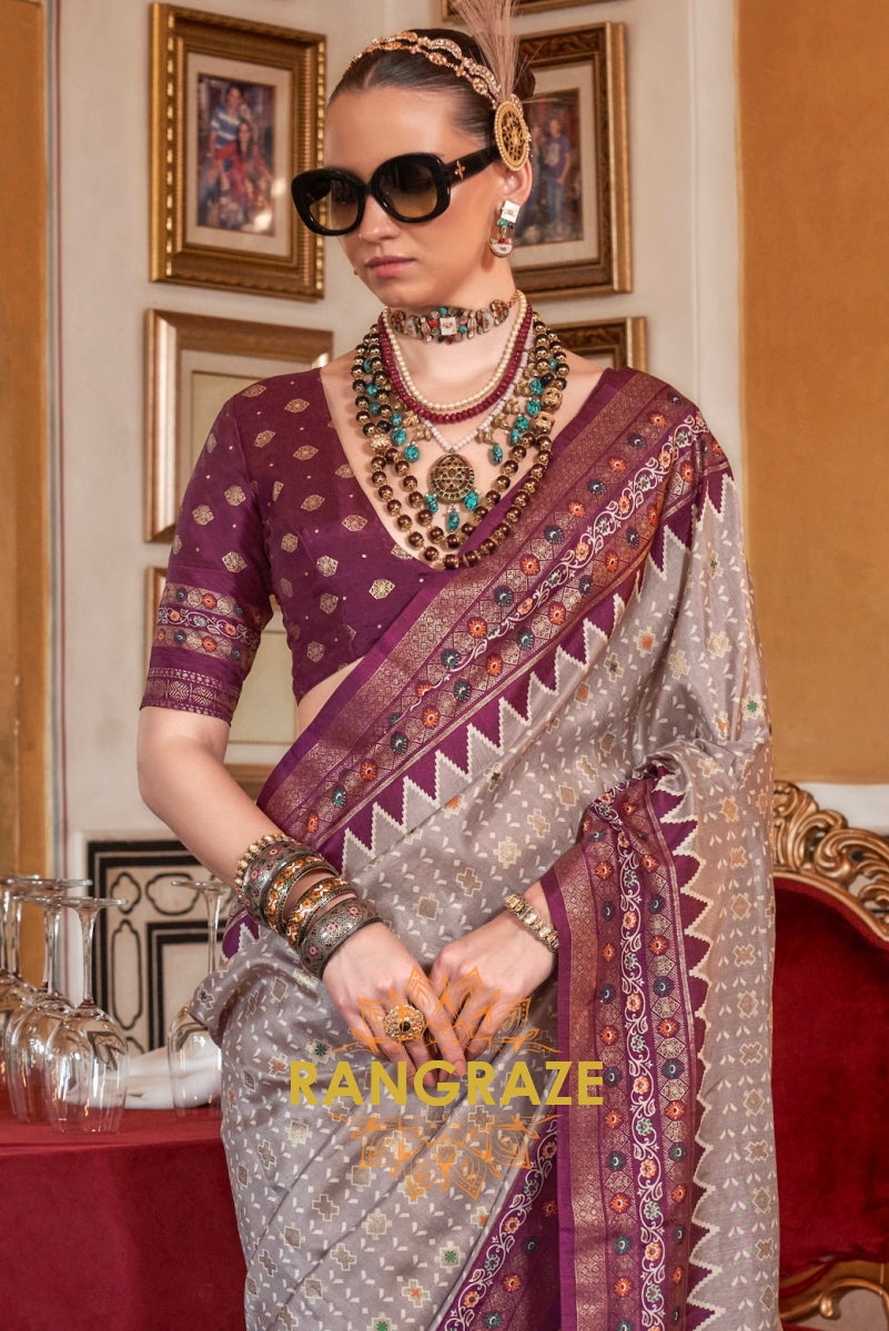 Regal Lavender Patola Silk Saree with Plum Weaving Border