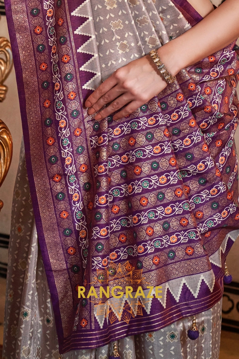 Regal Lavender Patola Silk Saree with Plum Weaving Border