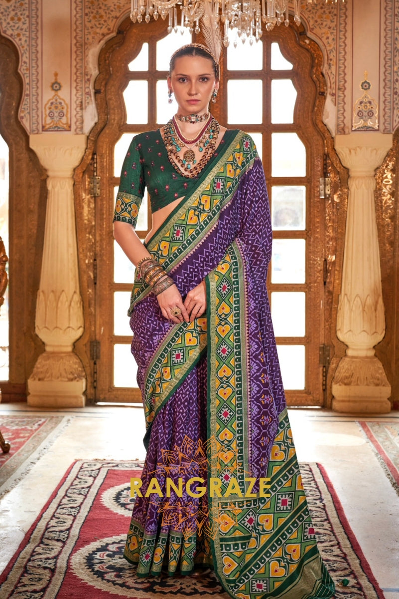 Royal Violet and Lime Green Patola Silk Saree with Bold Accents