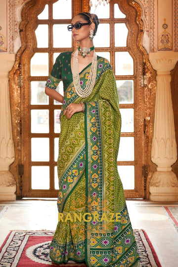 Radiant Lime and Forest Green Patola Silk Saree with Heart Motifs
