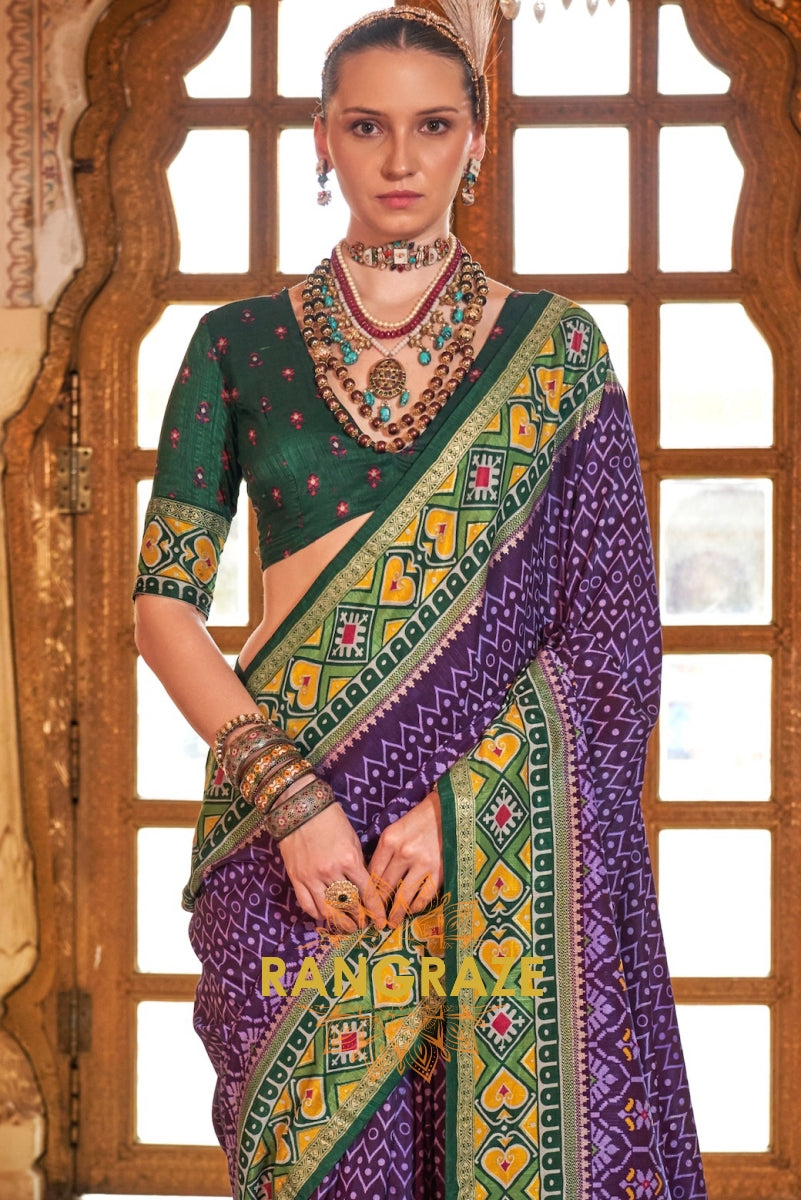 Royal Violet and Lime Green Patola Silk Saree with Bold Accents