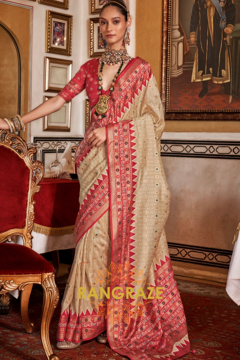 Royal Beige Patola Silk Saree with Crimson Weaving Border