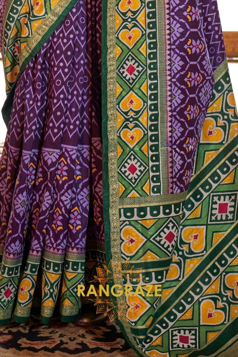 Royal Violet and Lime Green Patola Silk Saree with Bold Accents