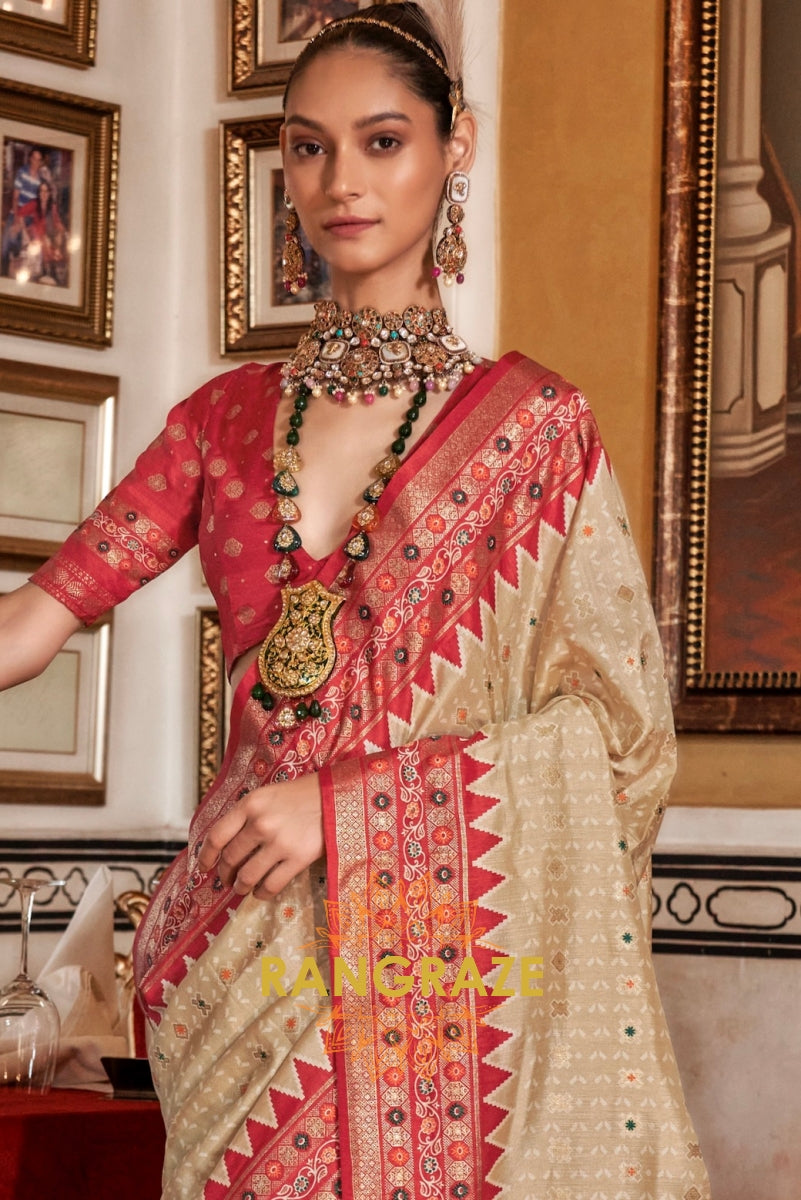 Royal Beige Patola Silk Saree with Crimson Weaving Border