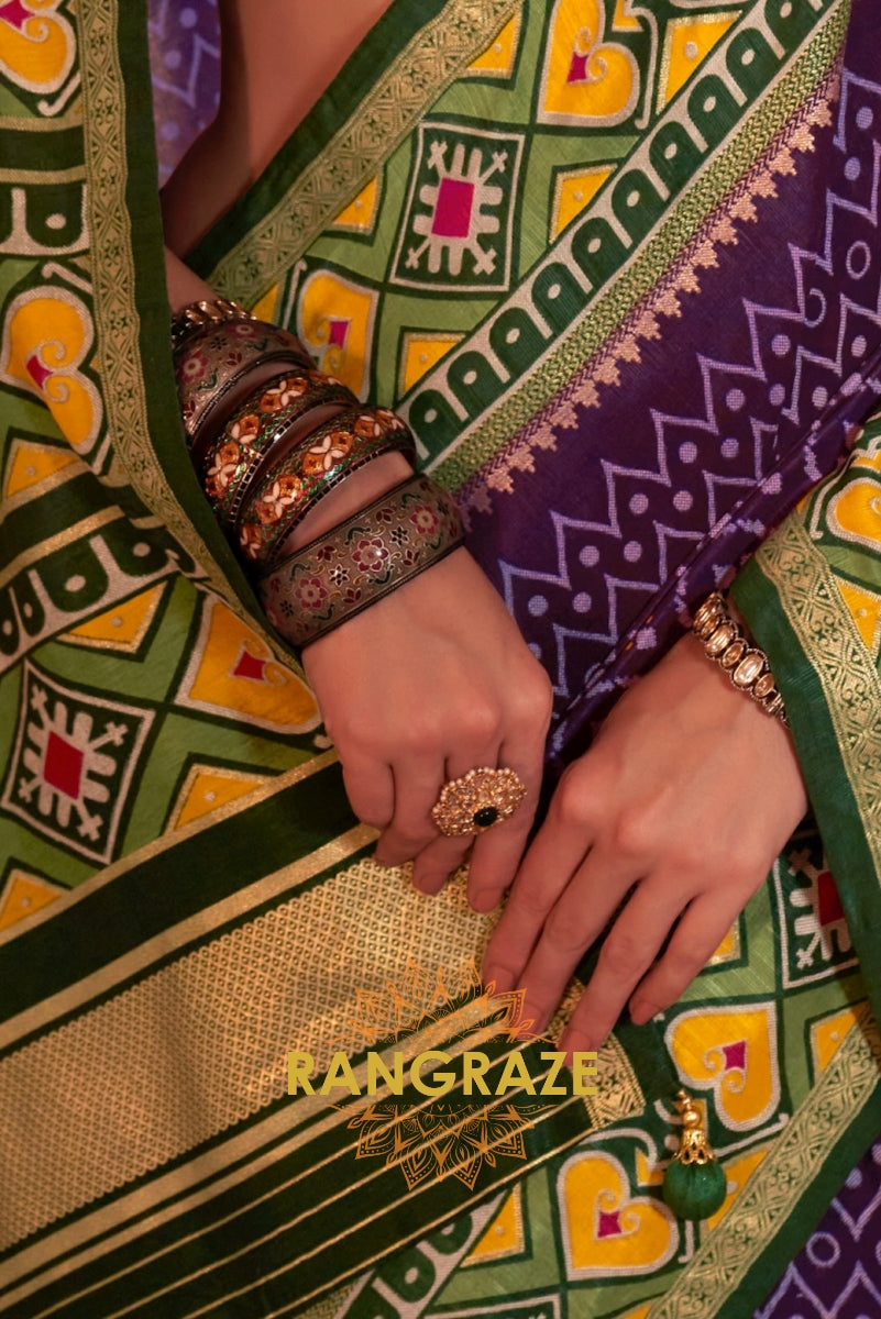 Royal Violet and Lime Green Patola Silk Saree with Bold Accents