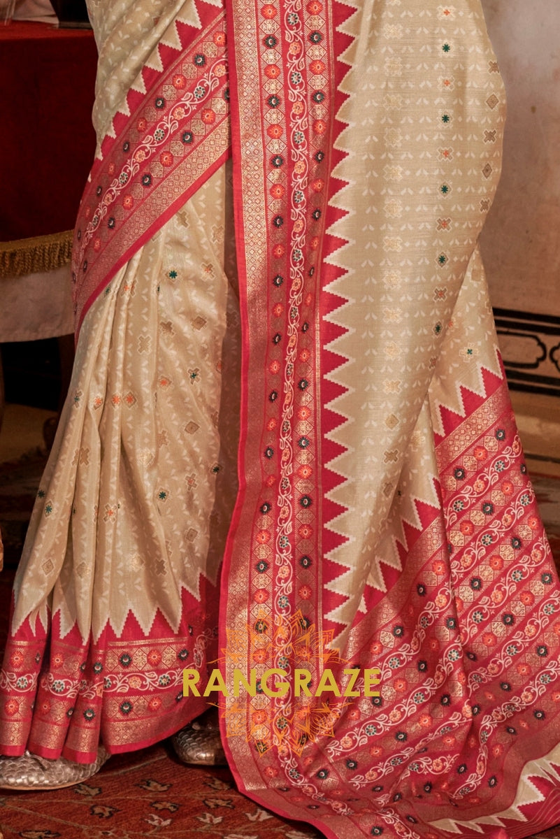 Royal Beige Patola Silk Saree with Crimson Weaving Border