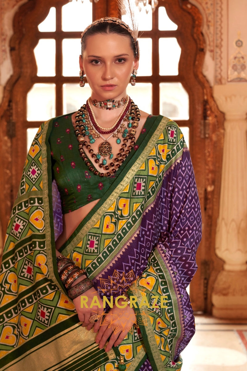 Royal Violet and Lime Green Patola Silk Saree with Bold Accents