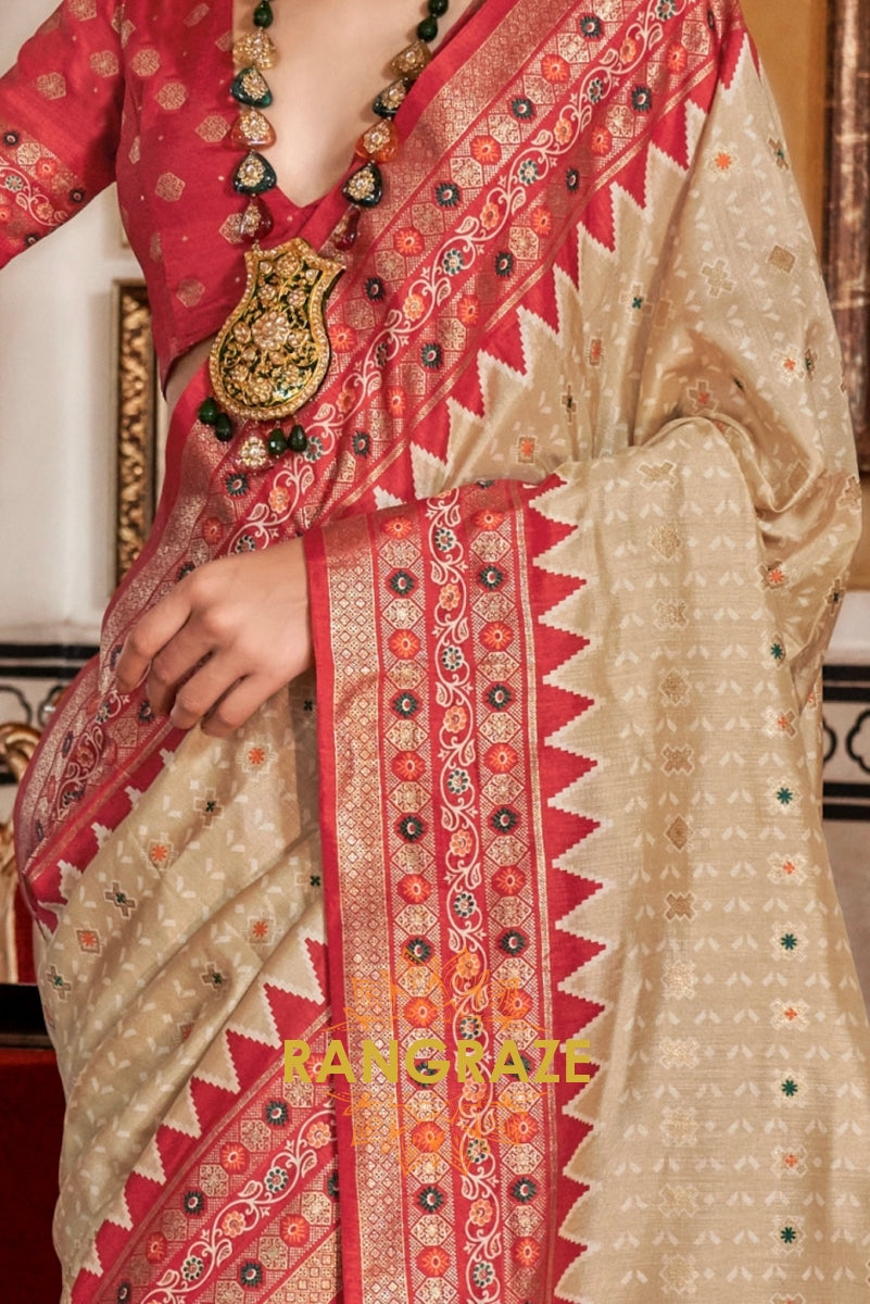 Royal Beige Patola Silk Saree with Crimson Weaving Border
