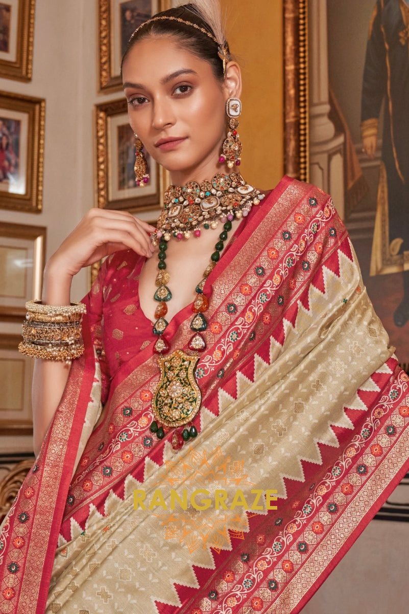 Royal Beige Patola Silk Saree with Crimson Weaving Border