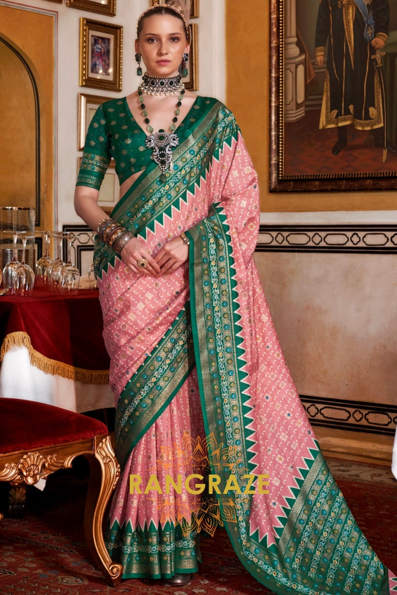 Blush Rose Patola Silk Saree with Emerald Weaving Border