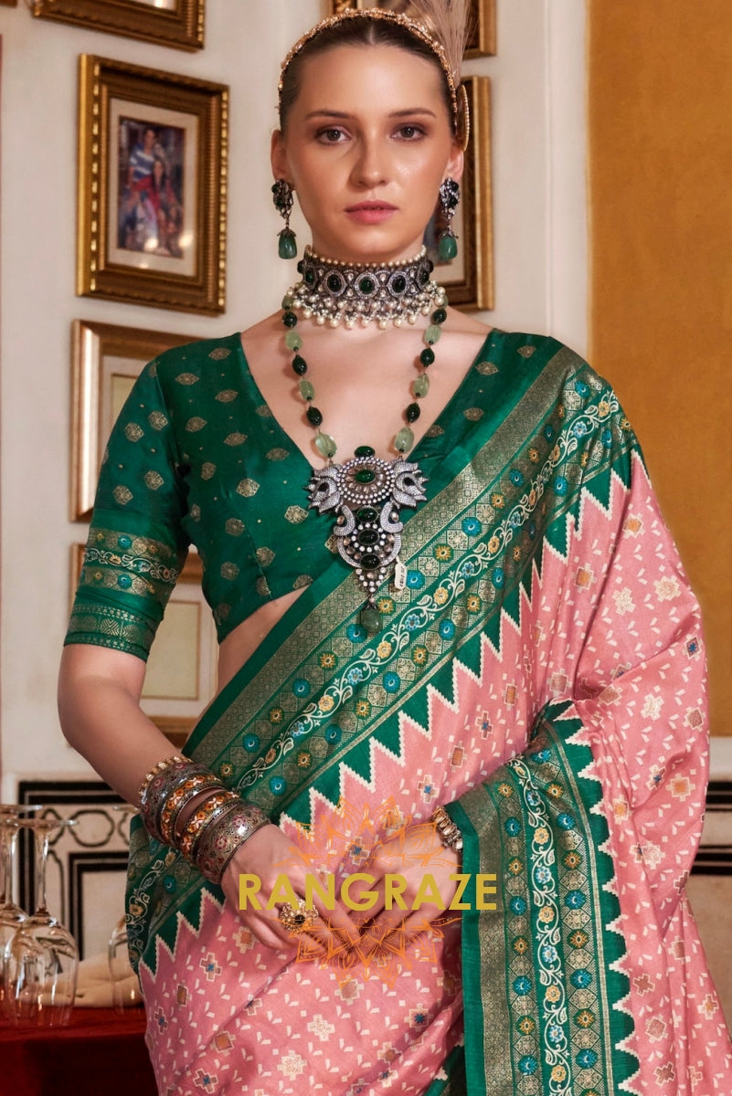 Blush Rose Patola Silk Saree with Emerald Weaving Border