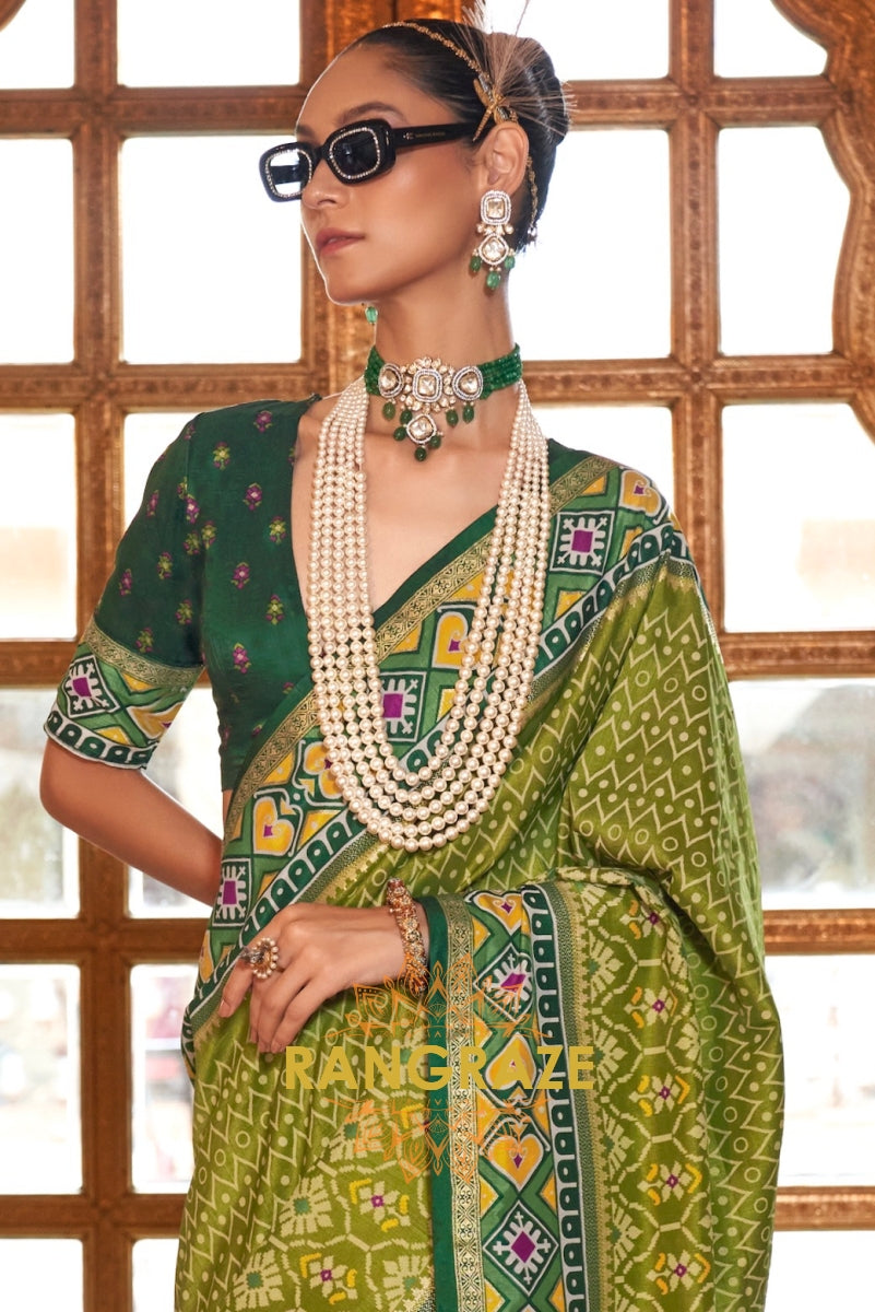 Radiant Lime and Forest Green Patola Silk Saree with Heart Motifs