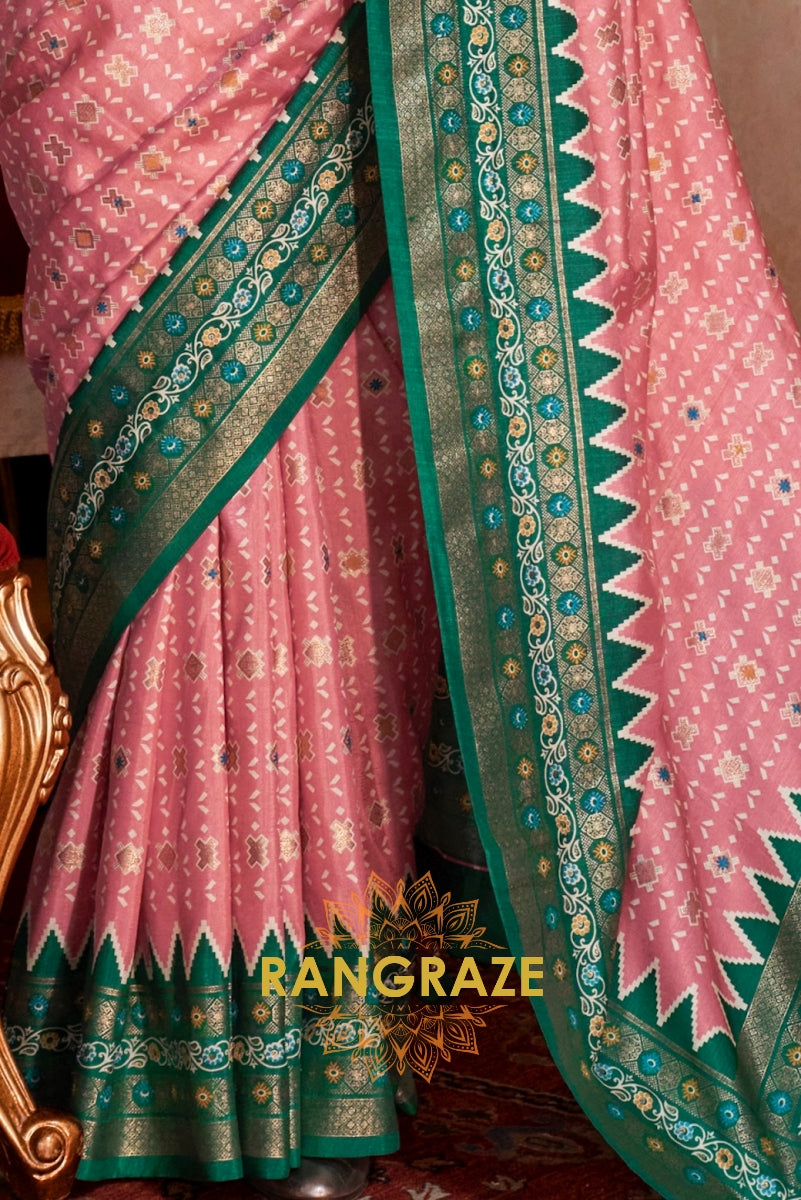 Blush Rose Patola Silk Saree with Emerald Weaving Border
