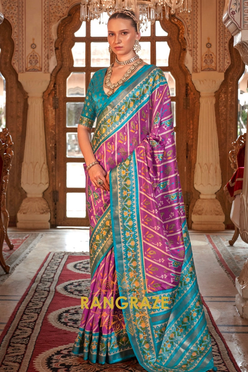Aqua Blue and Orchid Purple Patola Silk Saree with Gold Accents