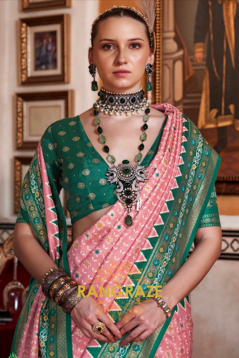Blush Rose Patola Silk Saree with Emerald Weaving Border