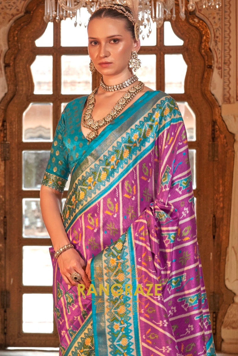 Aqua Blue and Orchid Purple Patola Silk Saree with Gold Accents
