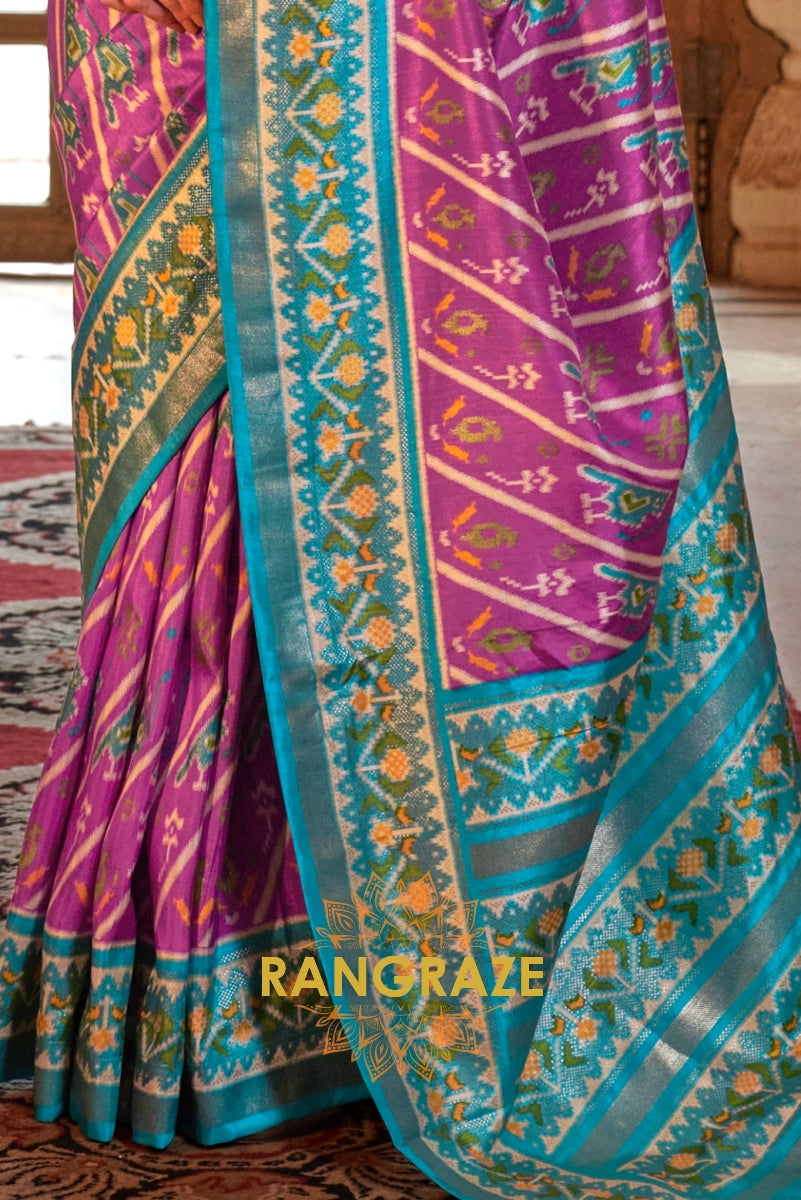 Aqua Blue and Orchid Purple Patola Silk Saree with Gold Accents