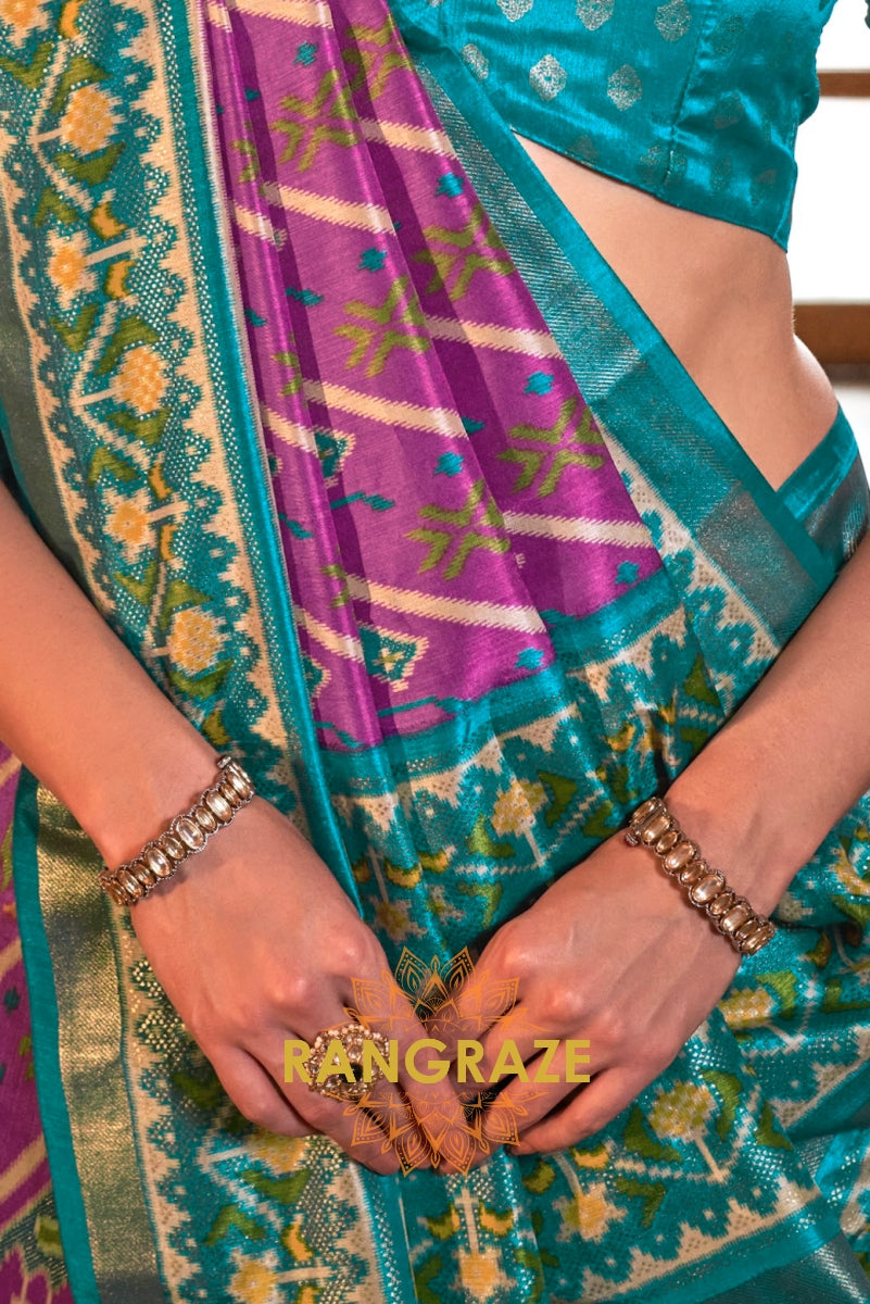 Aqua Blue and Orchid Purple Patola Silk Saree with Gold Accents