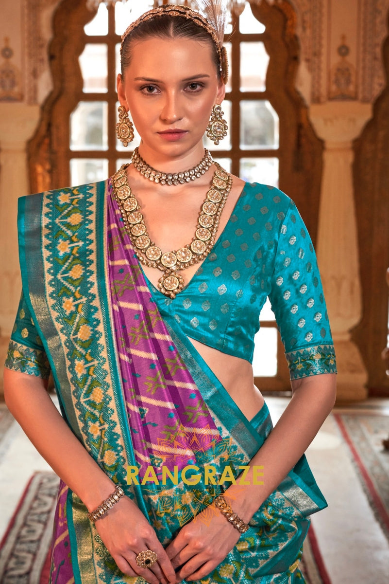 Aqua Blue and Orchid Purple Patola Silk Saree with Gold Accents