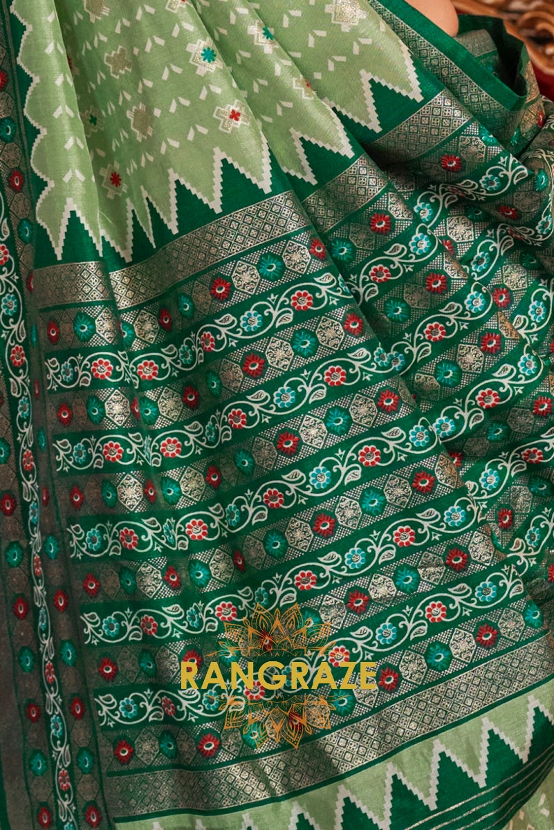 Celestial Sage Patola Silk Saree with Emerald Weaving Border